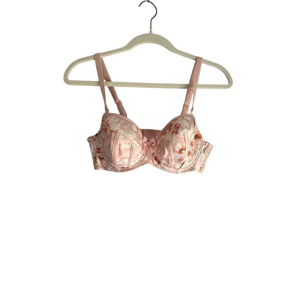 Parfait Peach Pink Floral Underwire Balconette Bra Padded 34C Lingerie P5391